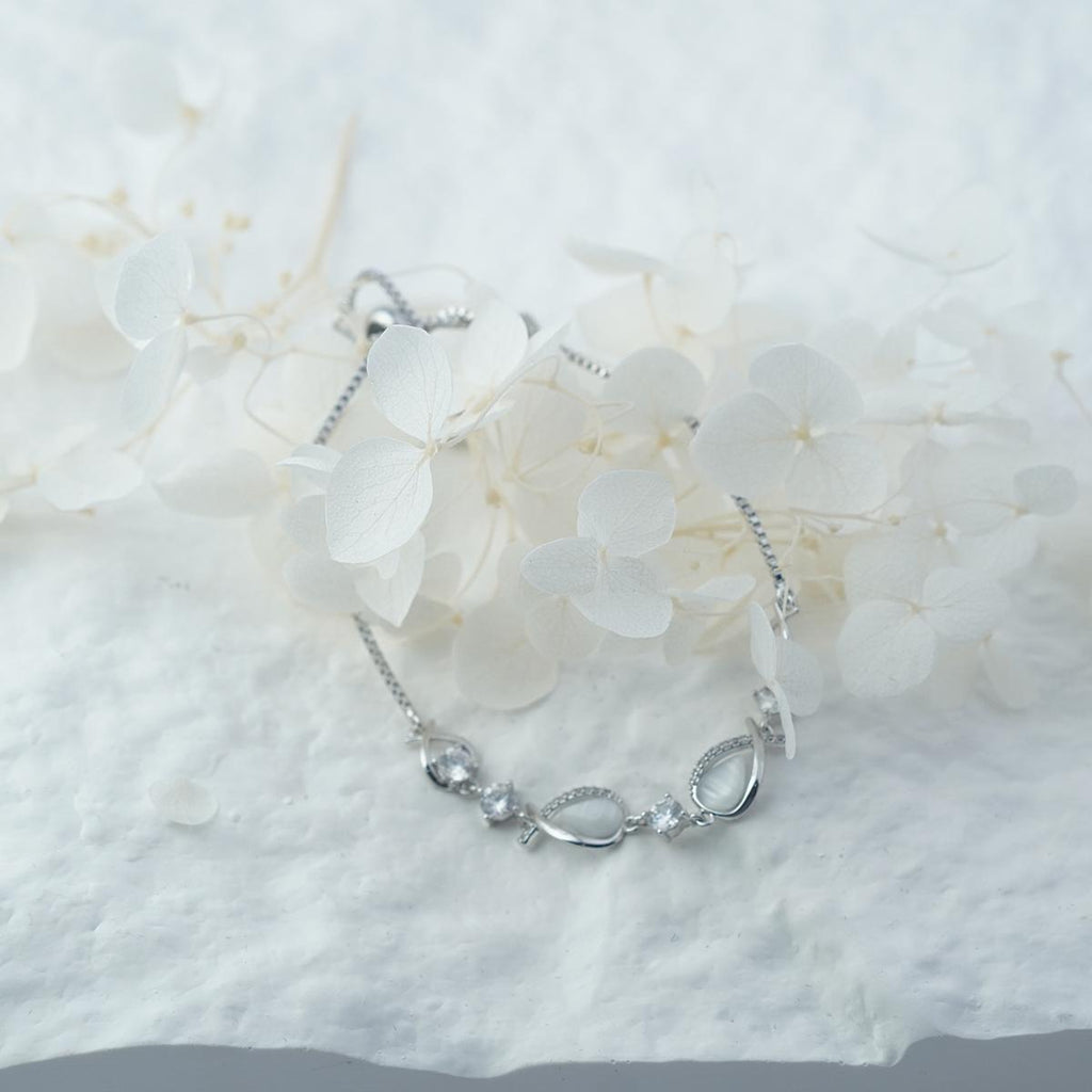 Elegant Silver-Tone Bracelet with Cat's Eye & Zircon Stones, Adjustable Chain, Luxury Jewelry Gift for Women