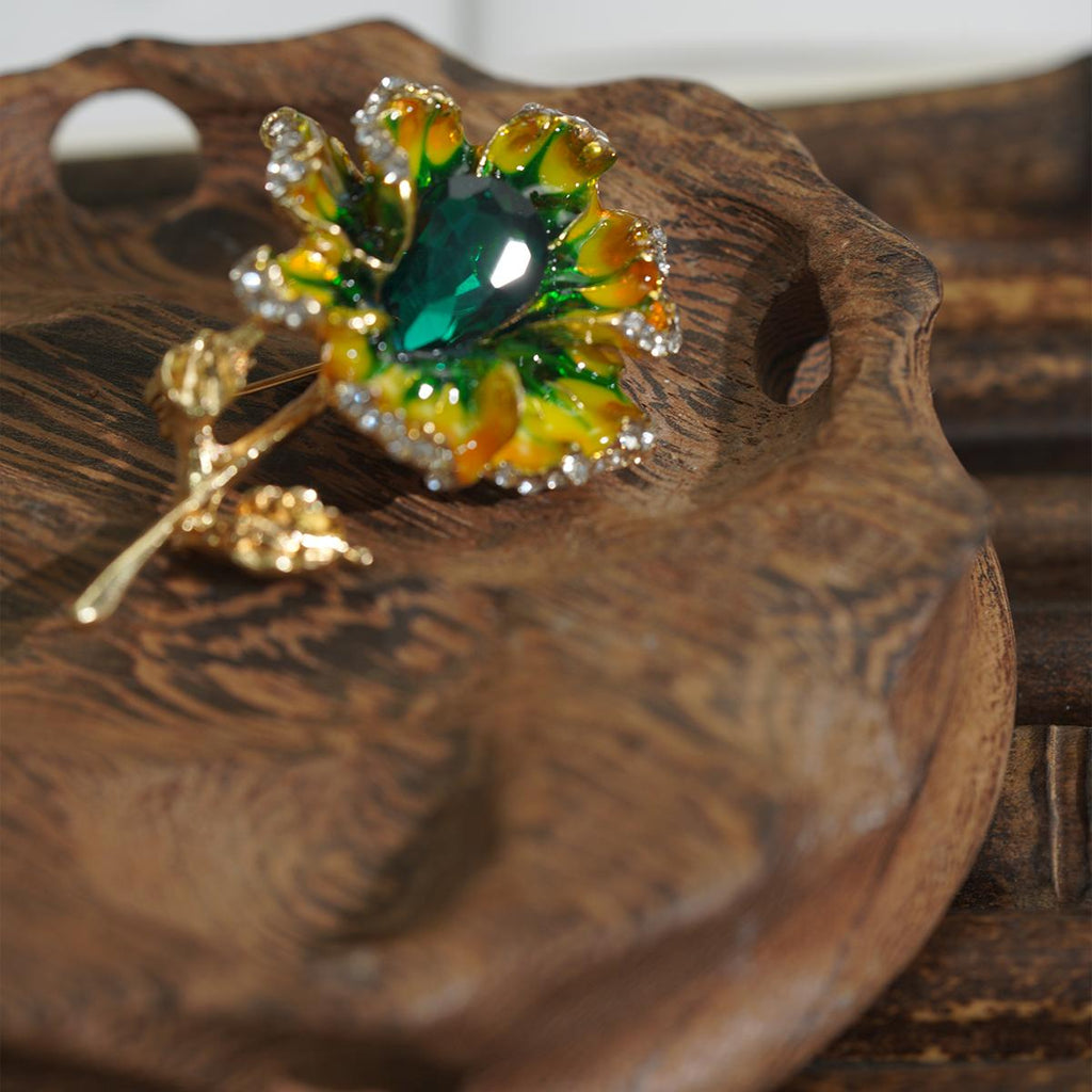 Flower Shaped Enamel Brooch with Green Rhinestones | Elegant Accessory for Women