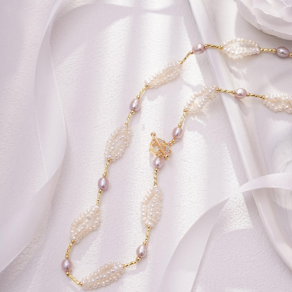 【Necklace】Copper Chain Purple and White Natural Freshwater Pearl Necklace, Cupid's arrow Clasp, Love Necklace, Perfect Dating Gift
