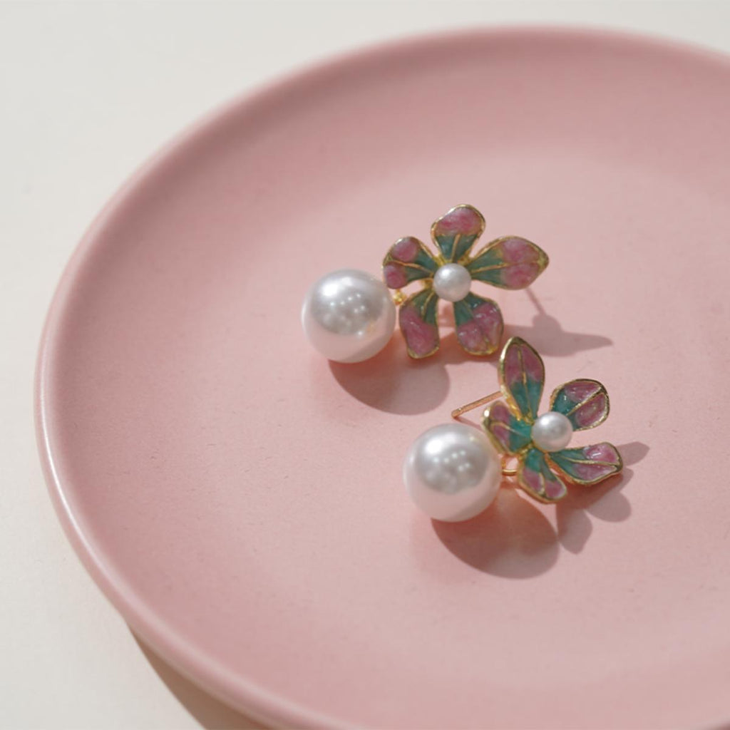 Anting-anting Jatuh Bunga, Merah Jambu-Merah Jambu-Mutiara, Anting-anting Jatuh Bunga Tepi Emas, Gaya Vintaj-Segar, Untuk Gadis