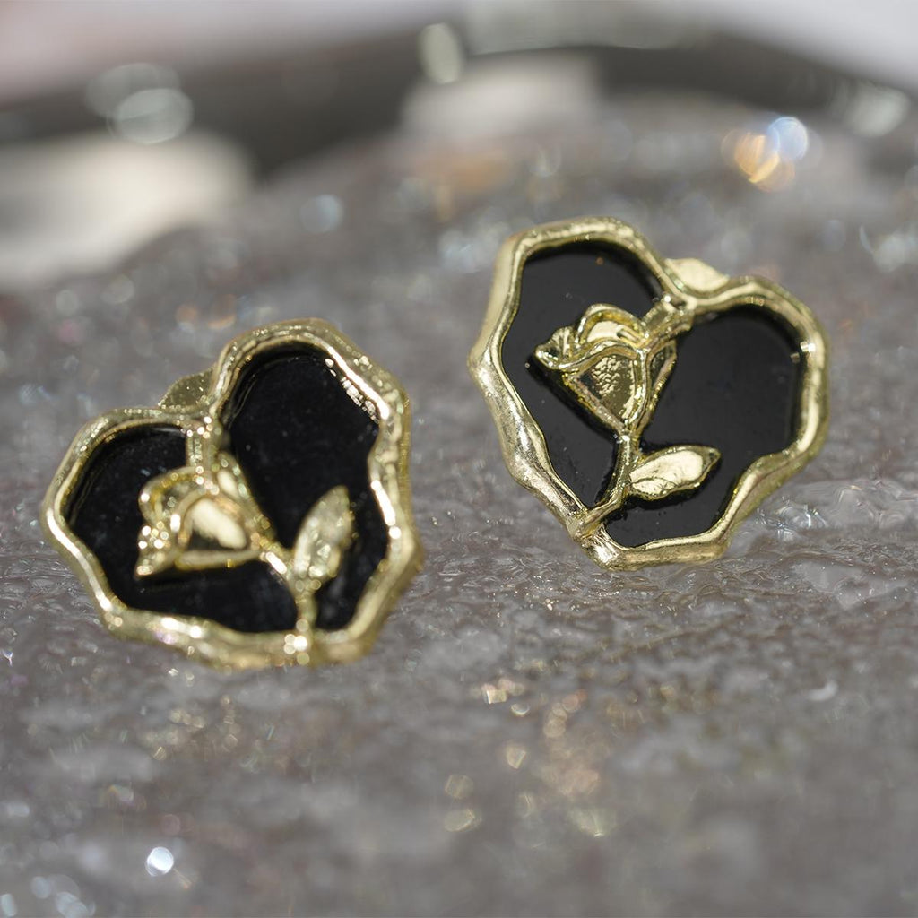 Subang Stud, Rekaan Hati, Enamel Hitam dan Mawar Emas, Barang Kemas Elegan Vintaj, Untuk Wanita