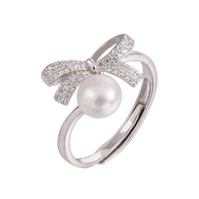【Ring】Silver Bow Ring with Natural Freshwater Pearl, Elegant Gift, Adjustable Ring Fit All, Perfect for Women