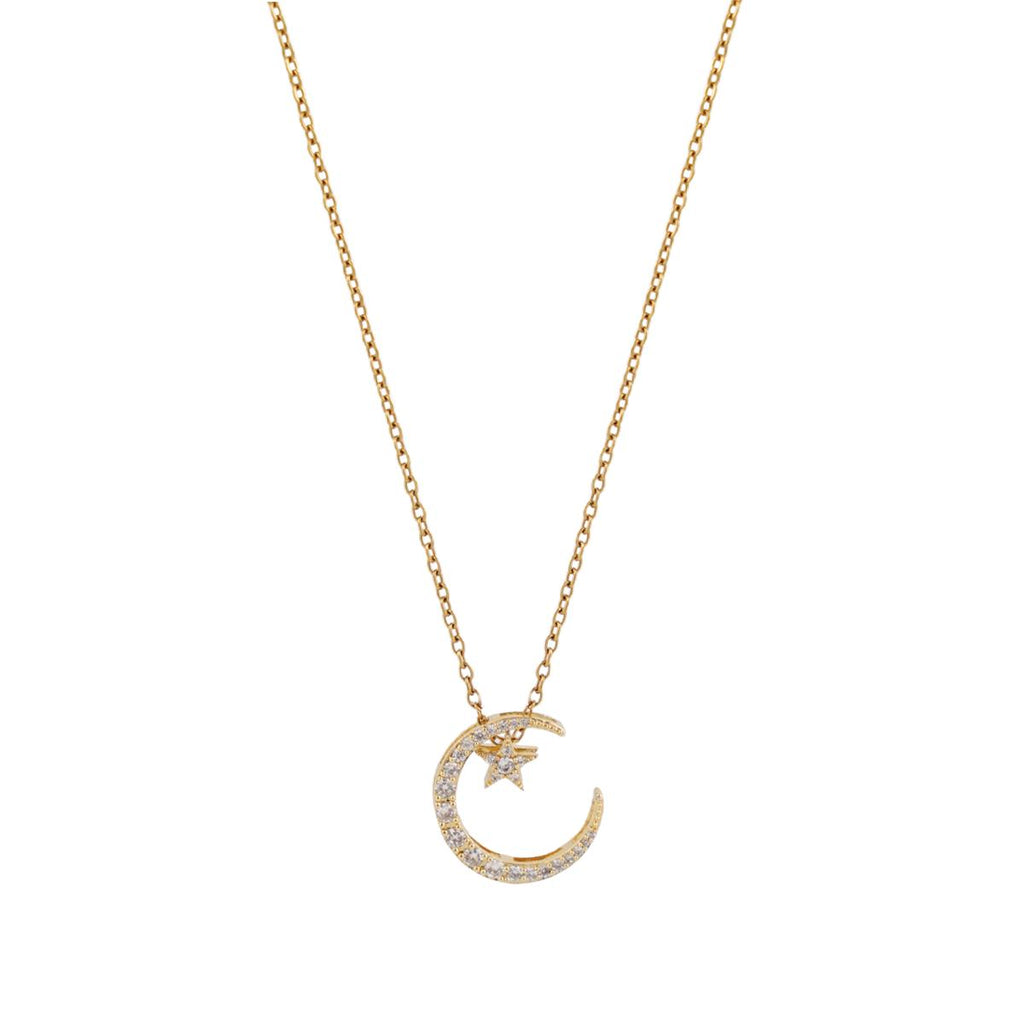 【Pendant Necklace】Moon Star Pendant Necklace Stainless Steel Chain Gold-Tone Crystal Zirconia Celestial Romantic Elegant Jewelry for Women