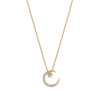 【Pendant Necklace】Moon Star Pendant Necklace Stainless Steel Chain Gold-Tone Crystal Zirconia Celestial Romantic Elegant Jewelry for Women