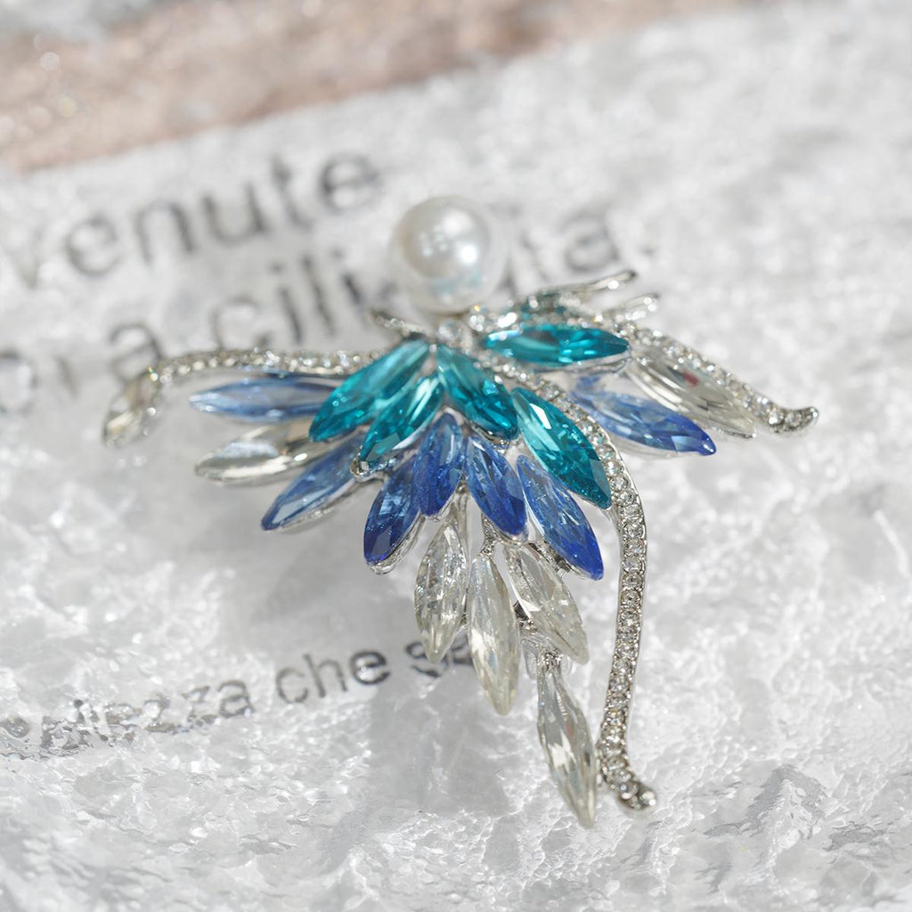 Bionic Wing Brooch, Asymmetrical Design, Gradient Gemstones & Pearl Center - Romantic for Young Ladies