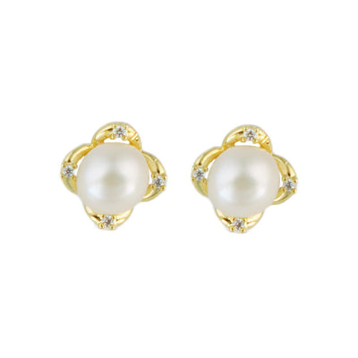 【Stud Earring】Golden Floral Natural Pearl Stud Earring with Silver Post, Classic Jewelry Lightweight Design for Women Everyday Wear