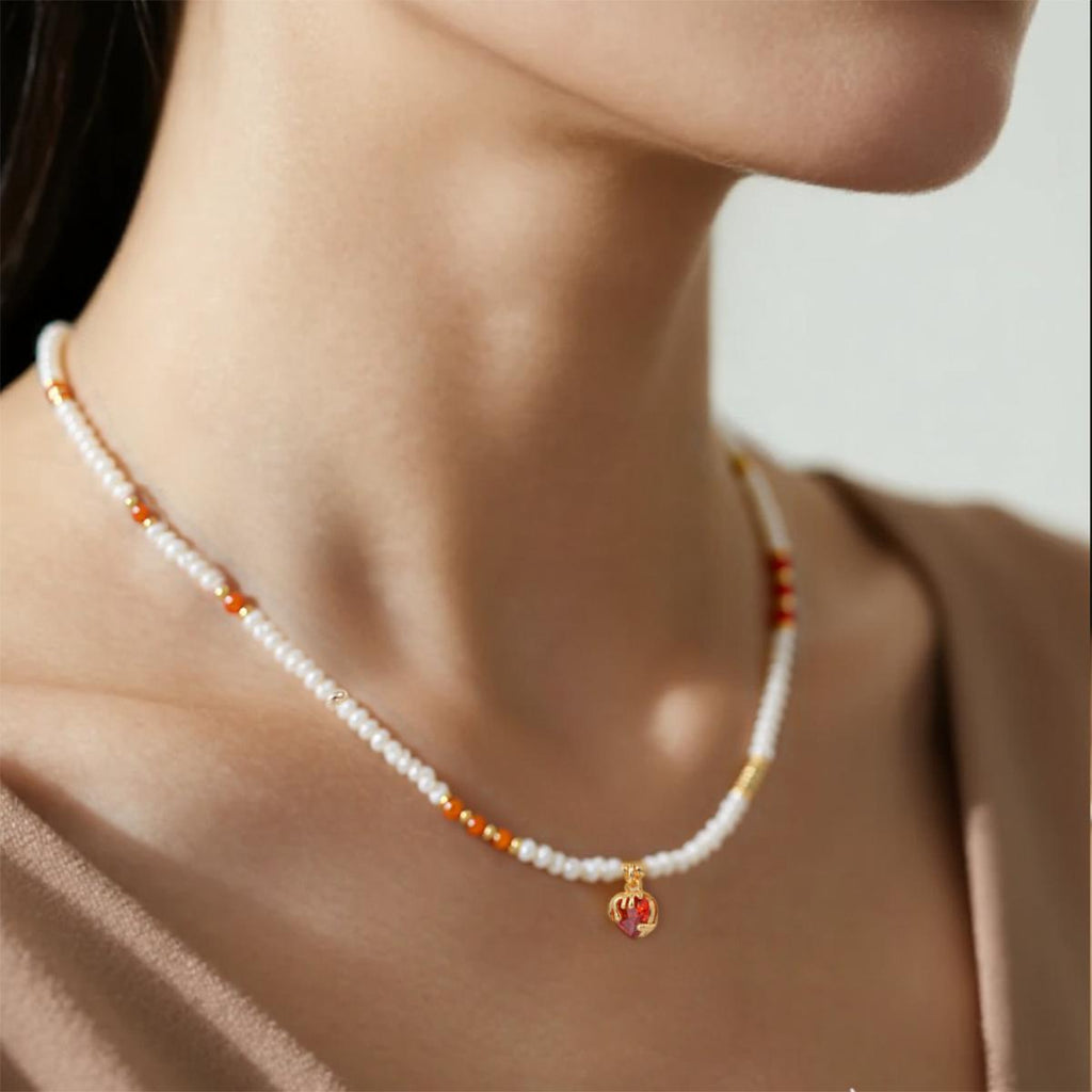 【Pendant Necklace】Red Crystal Copper Chain Natural Freshwater Pearl Beaded Pendant Necklace, Retro Elegant Jewelry Gift for Women