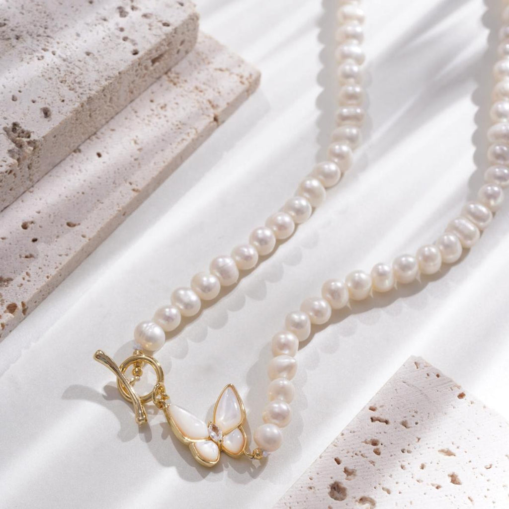 Elegant Natural Freshwater Pearl Necklace - Butterfly Accent - Feminine Charm for Everyday Wear