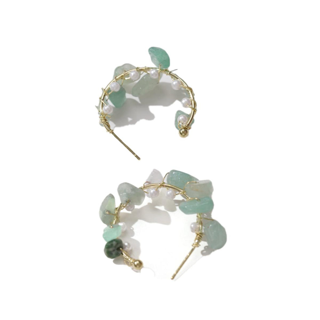 【Hoop Earrings】Gold-Wire Wrapped Natural Stone & Pearl C-Hoop Earrings, Forest-Style Jewelry for Women