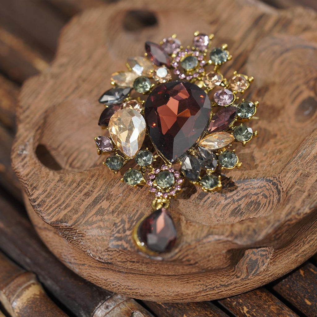 Flower Brooch with Teardrop Pendant - Elegant Gemstone Jewelry for Women