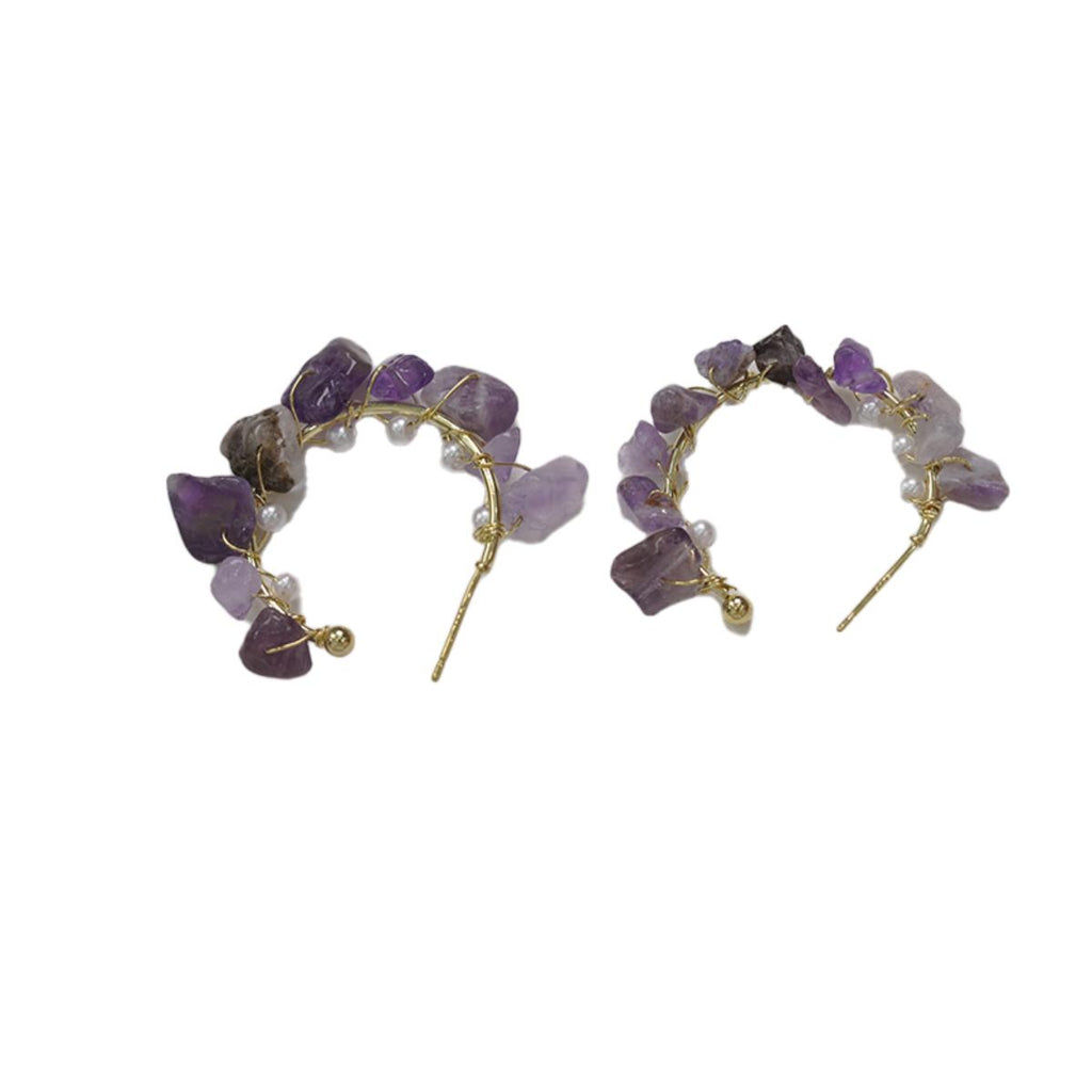【Hoop Earrings】Gold-Wire Wrapped Natural Stone & Pearl C-Hoop Earrings, Forest-Style Jewelry for Women