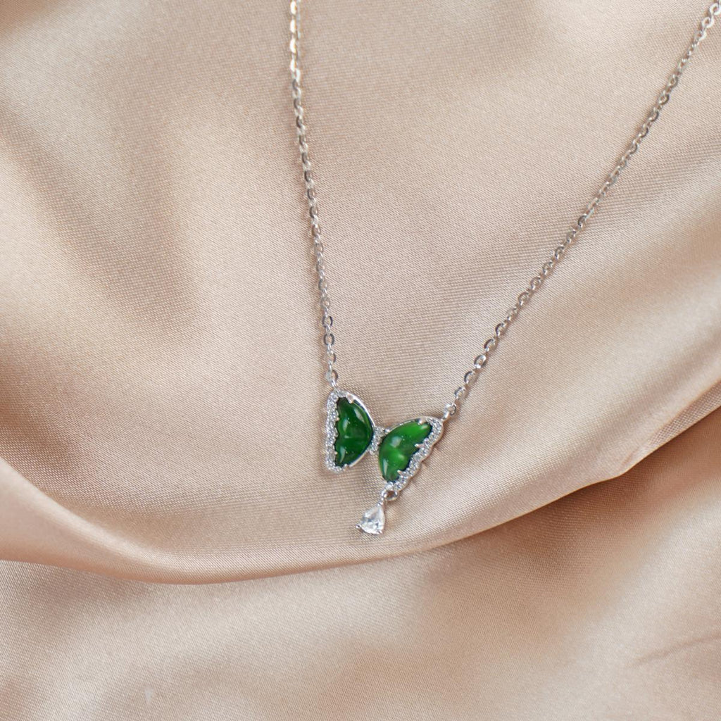 【Pendant Necklace】S925 Sterling Silver Green Jade Butterfly Pendant with Zirconia and Teardrop Accent, Nature-Inspired Jewelry, Elegant Whimsical Gift for Women