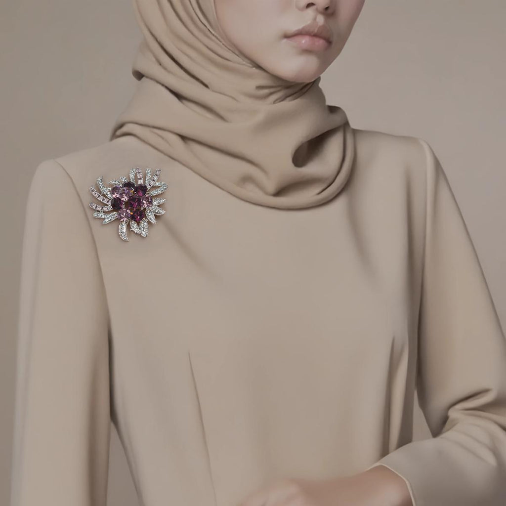 Kerongsang Bunga Permata Ungu, Reka Bentuk Daun, dengan Aksen Berkilauan, Untuk Wanita, Sesuai untuk Aksesori Perayaan Muslim Tudung pin brooch