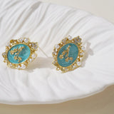 【Stud Earrings】Alloy Blue-Gold Bird-Flower Earrings with Pearl & Hollow Edges, Elegant Retro Jewelry for Women