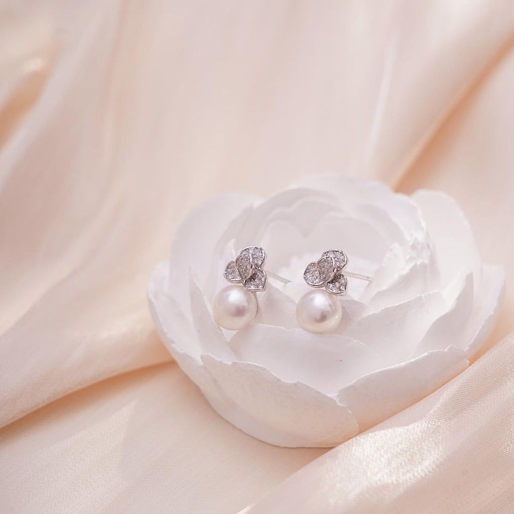 【Stud Earring】Silver Floral with Shining Zircon Natural Freshwater Pearl Stud Earring, Women Classic Earring for Working or Dating