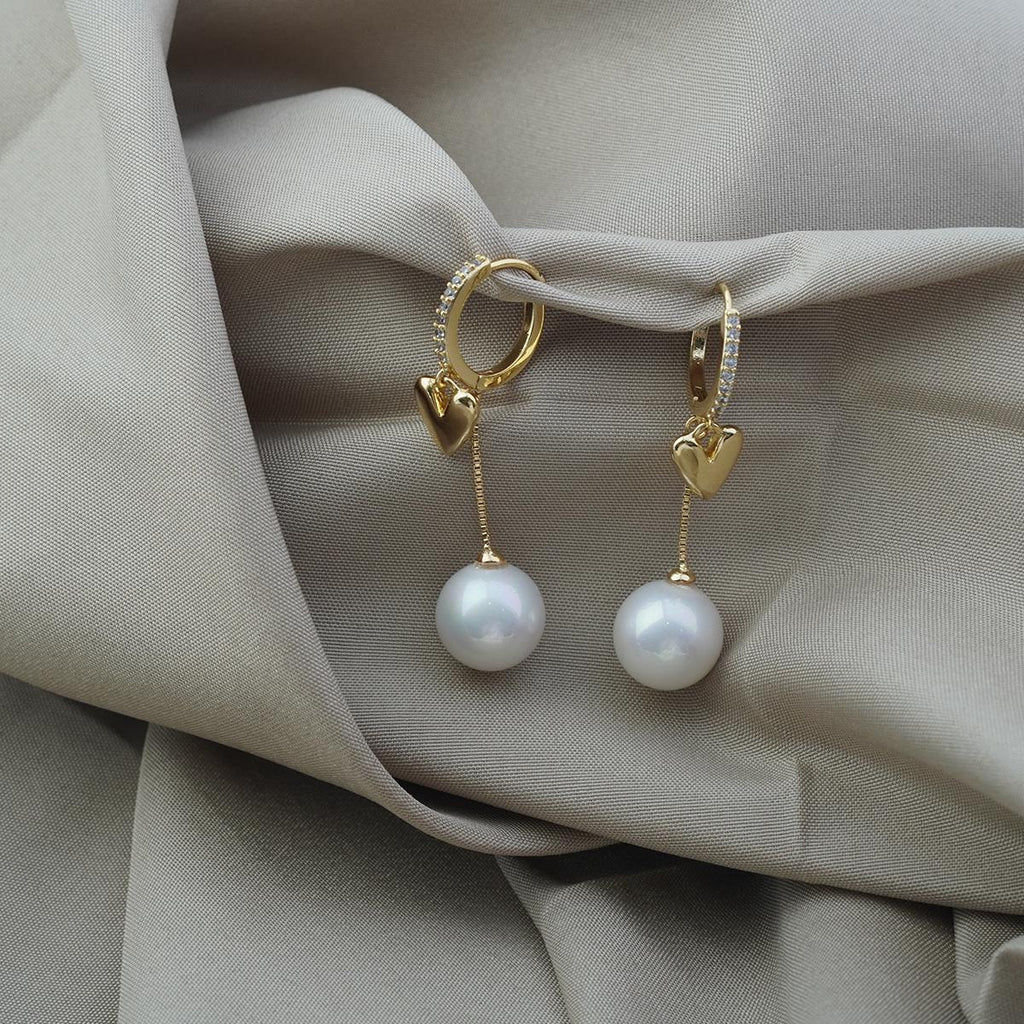 【Hoop Earrings】Alloy Gold Plated Heart &  Pearl Earrings with Zircon Inlaid, Romantic Sweet Style for Women