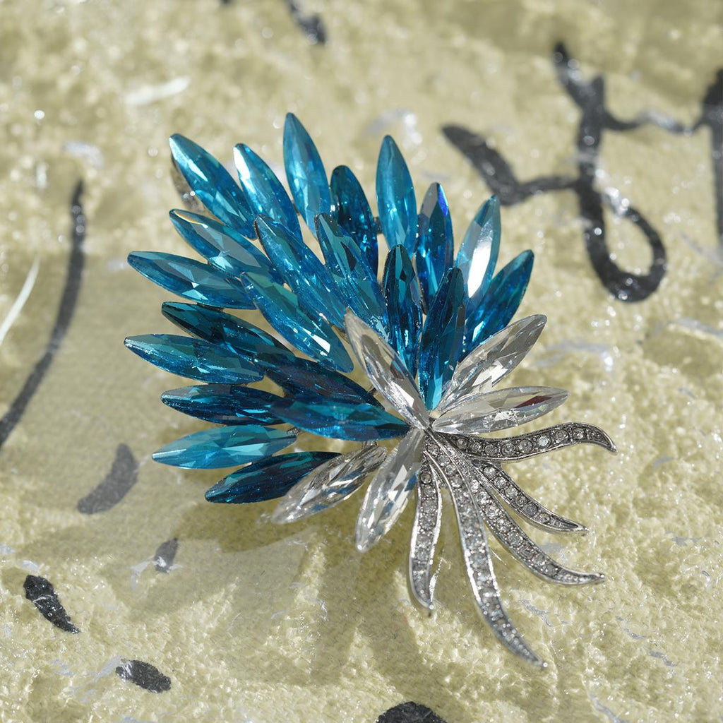 Sparkling Gradient Blue Crystal Brooch | Natural Leaf-Layered Design | Elegant Party & Daily Jewelry for Women
