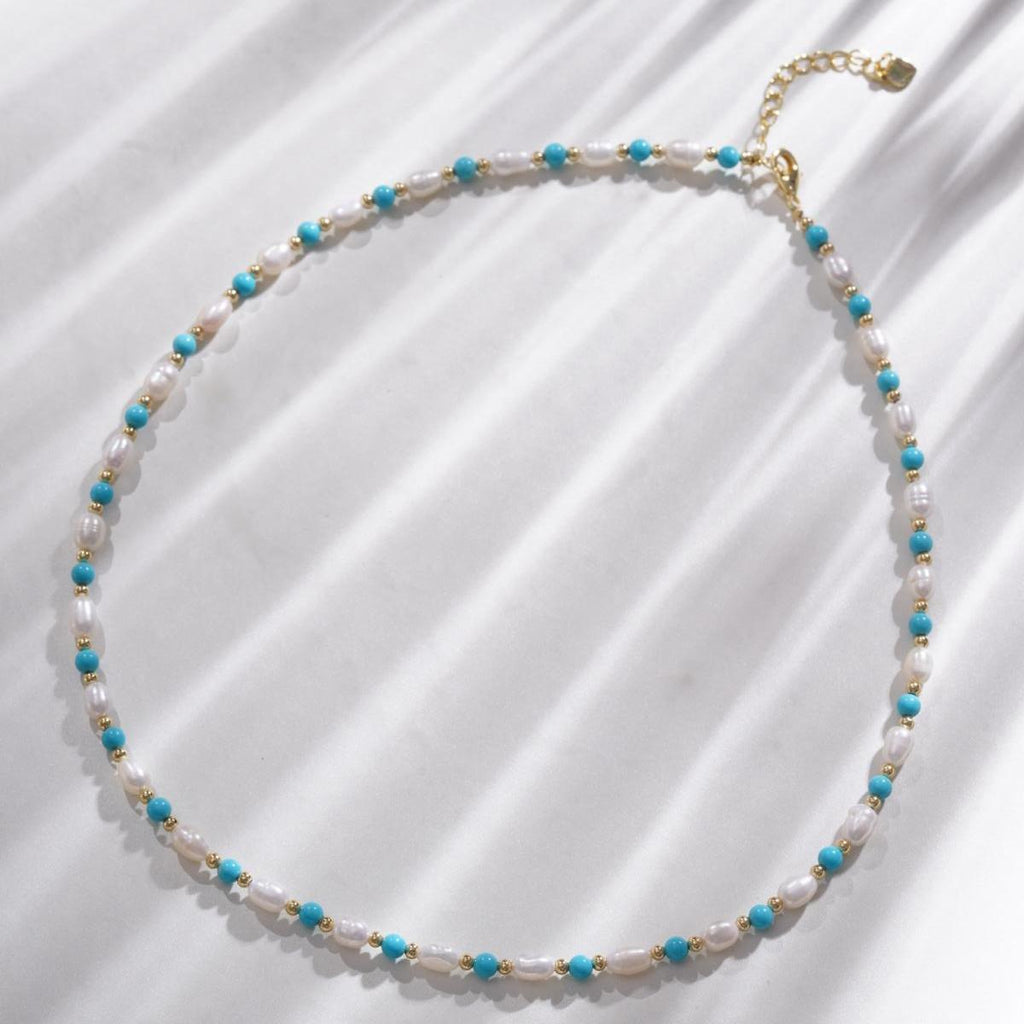 【Necklace】Turquoise Stone Natural Freshwater Pearl Copper Necklace,Delicate Jewelry for Women