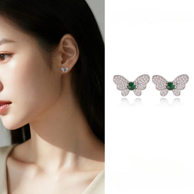 【Stud Earrings】Butterfly Design Green Jade Zirconia Pavé Stud Earrings Elegant Perfect Jewelry Wonderful Gifts for Women