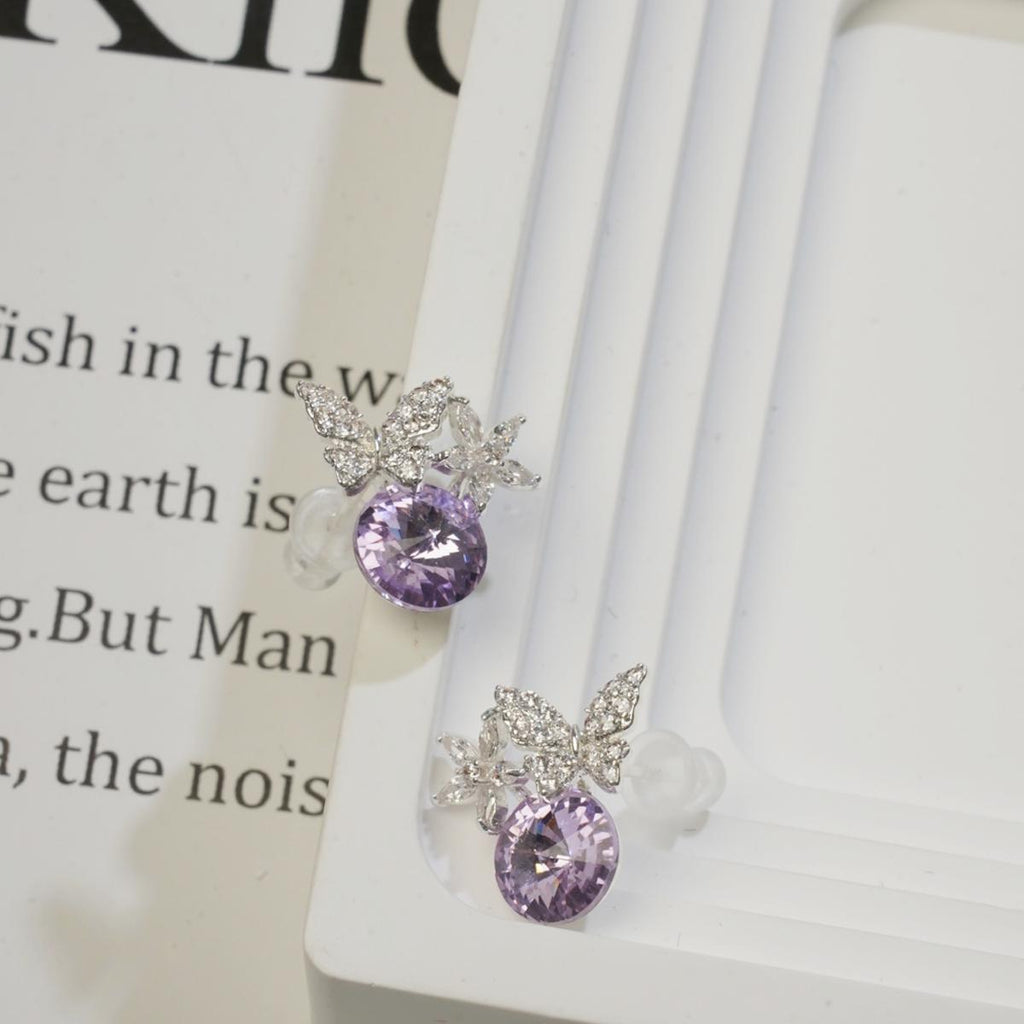 Subang Stud, Kristal Merah Jambu / Ungu, Rekaan Rama-rama dan Bunga Perak, Manis dan Halus, Untuk Wanita Elegan cute  earrings