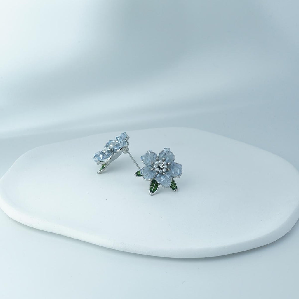 【Earrings】Crystal Petals Clip/Stud Earrings with Enamel Green Leaves, Pearl & Zircon Accents, Sweet&Romantic for Ladies
