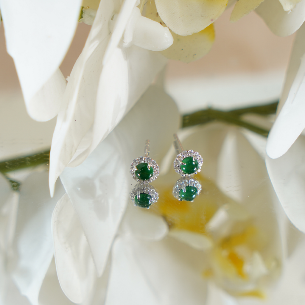 Jade Stud Earrings for Women, 925 Sterling Silver Green Jade Earrings with Cubic Zirconia Halo, Elegant Minimalist Studs, Gift Ready