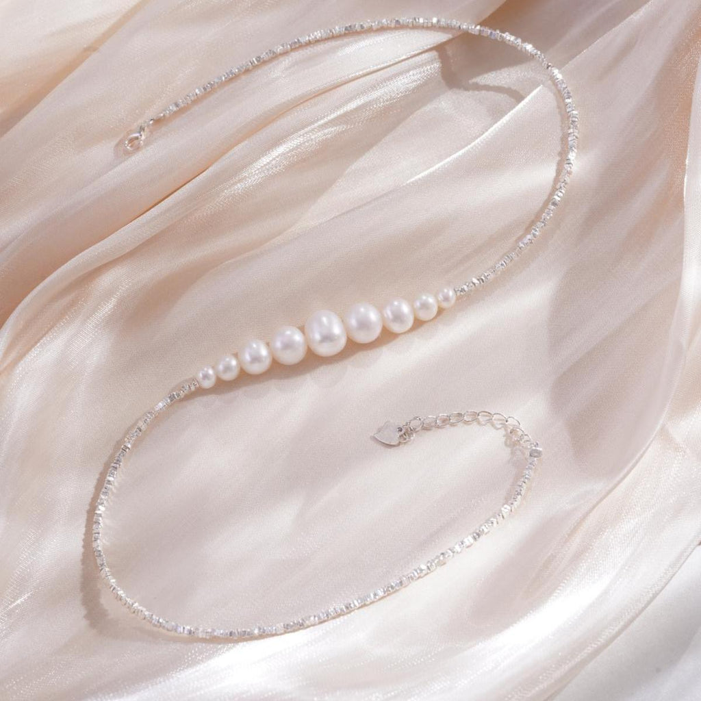 【Necklace】S925 Sterling Silver & Natural Freshwater Pearl Necklace Adjustable Chain Graduated Pearl Jewelry Gift for Ladies