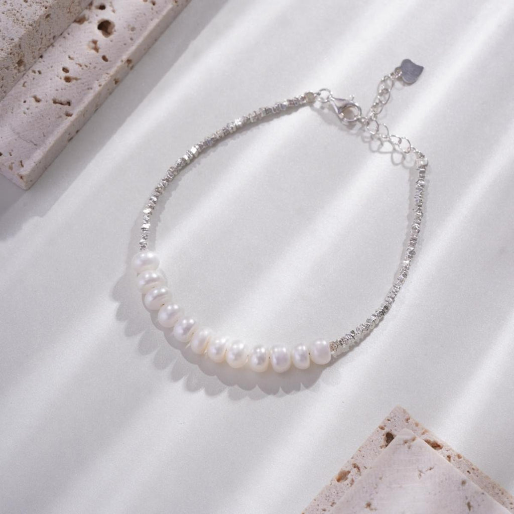 【Bracelet】Natural Freshwater Pearl Silver Textured Bracelet for Women Elegant Daily Wear Pearl Jewelry Gift
