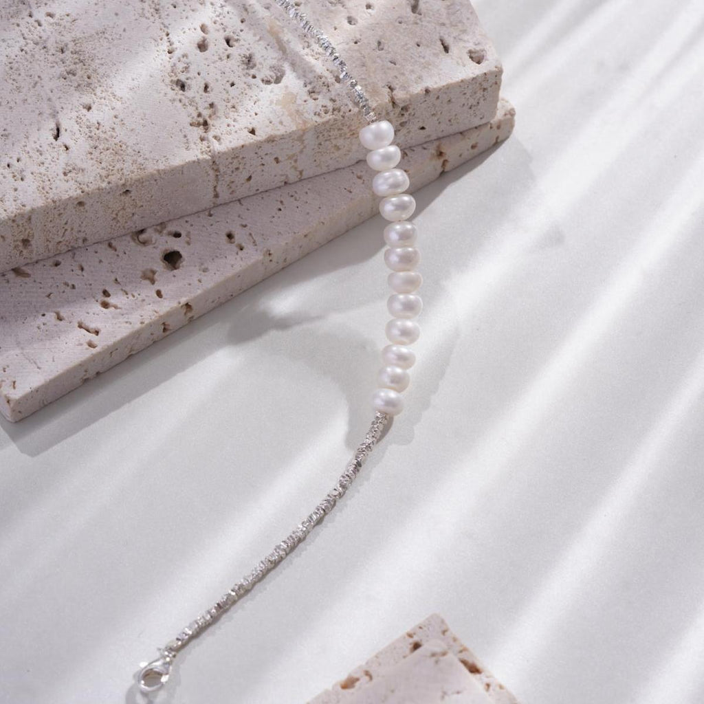 【Bracelet】Natural Freshwater Pearl Silver Textured Bracelet for Women Elegant Daily Wear Pearl Jewelry Gift