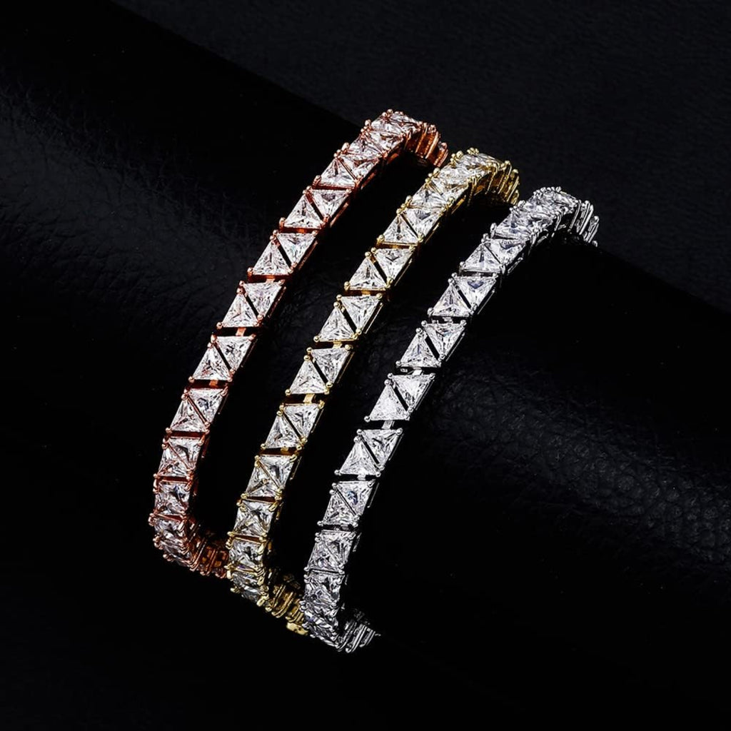 YOSZO 4MM Double Triangular Cut Link Tennis Chain Bracelet 18K Real Gold Plated Iced Out Cubic Zirconia Triangle Cut Tennis Bracelet for Men Women