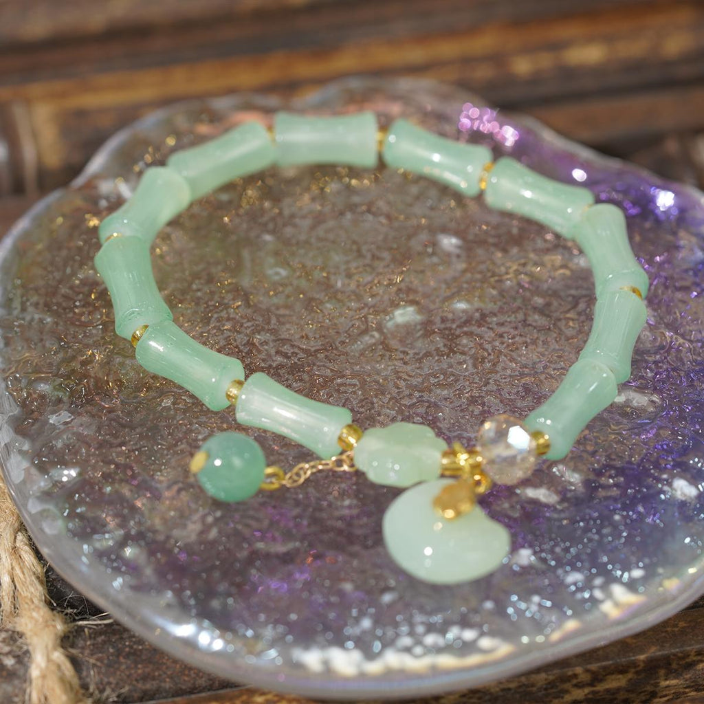 Gelang Manik, Jed Hijau dan Bahan Buluh, dengan Pesona Teratai Bersalut Emas, Boleh Laras, Hadiah Barang Kemas untuk Wanita, Gelang