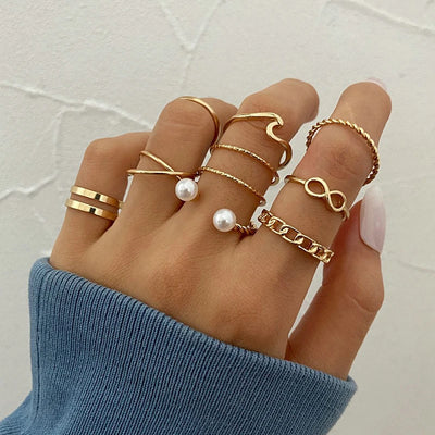 1 set Vintage Gold Color Ring Creative Retro Joint Ring Star Moon Ring Set Love Pearl Leaves Finger Rings Simple Fashion Jewelry
