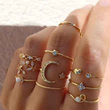 Load image into Gallery viewer, 10Pcs Rings Suit For Women Gold-color Chain Ring Set Bohemian Style Coin Snake Moon Star Party Leaves Love Trend Gift Jewelry