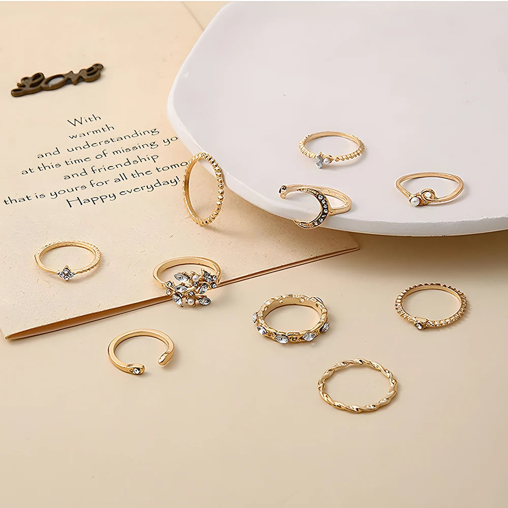 10Pcs Rings Suit For Women Gold-color Chain Ring Set Bohemian Style Coin Snake Moon Star Party Leaves Love Trend Gift Jewelry