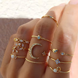 10Pcs Rings Suit For Women Gold-color Chain Ring Set Bohemian Style Coin Snake Moon Star Party Leaves Love Trend Gift Jewelry