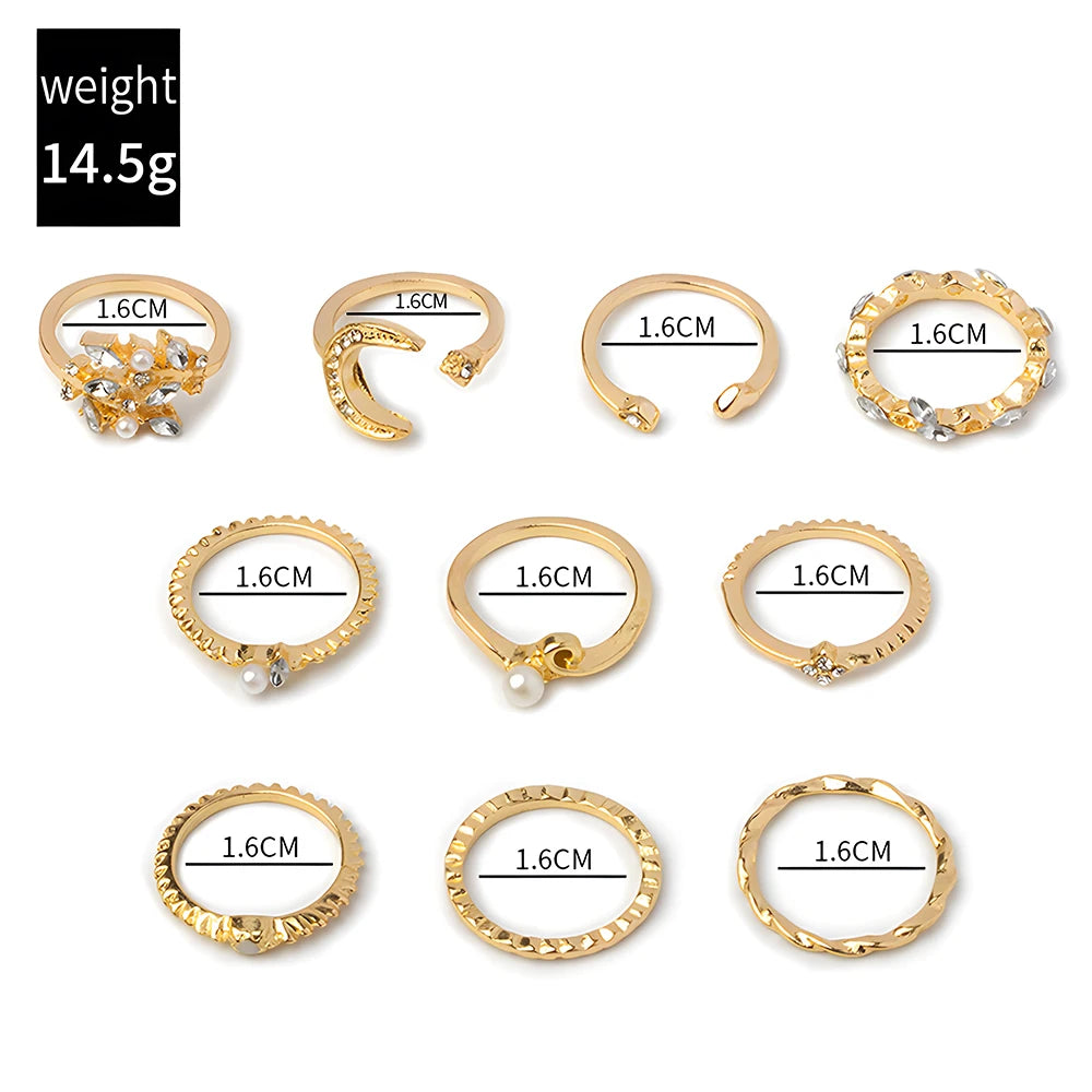 10Pcs Rings Suit For Women Gold-color Chain Ring Set Bohemian Style Coin Snake Moon Star Party Leaves Love Trend Gift Jewelry