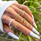 10Pcs/Set Gold Silver Color Hollow Flower Rings Set For Women Vintage Glossy Leaf Vine Imitation Pearl Ring Fashion WeddingParty