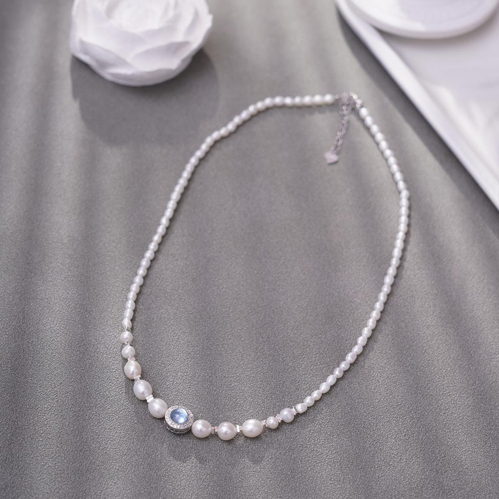 【Necklace】Aquamarine Stone Accent Silver Chain Natural Freshwater Pearl Necklace, Perfect Gift for Women, Best Dating Wear