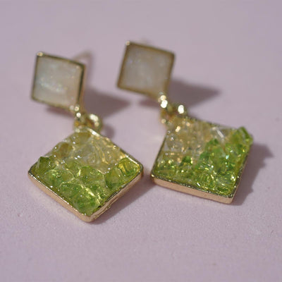 【Stud Earrings】Gold - Edged White & Green Square - Glitter Earrings for Daily Chick