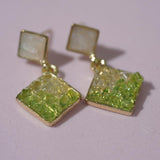 【Stud Earrings】Gold - Edged White & Green Square - Glitter Earrings for Daily Chick