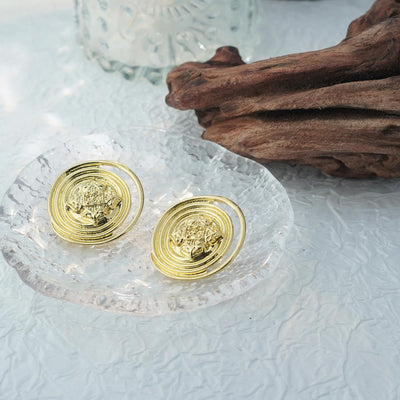 【Stud Earrings】Alloy Gold Plated Vintage Round Earrings with Engraved Pattern, Artistic Chic for Women