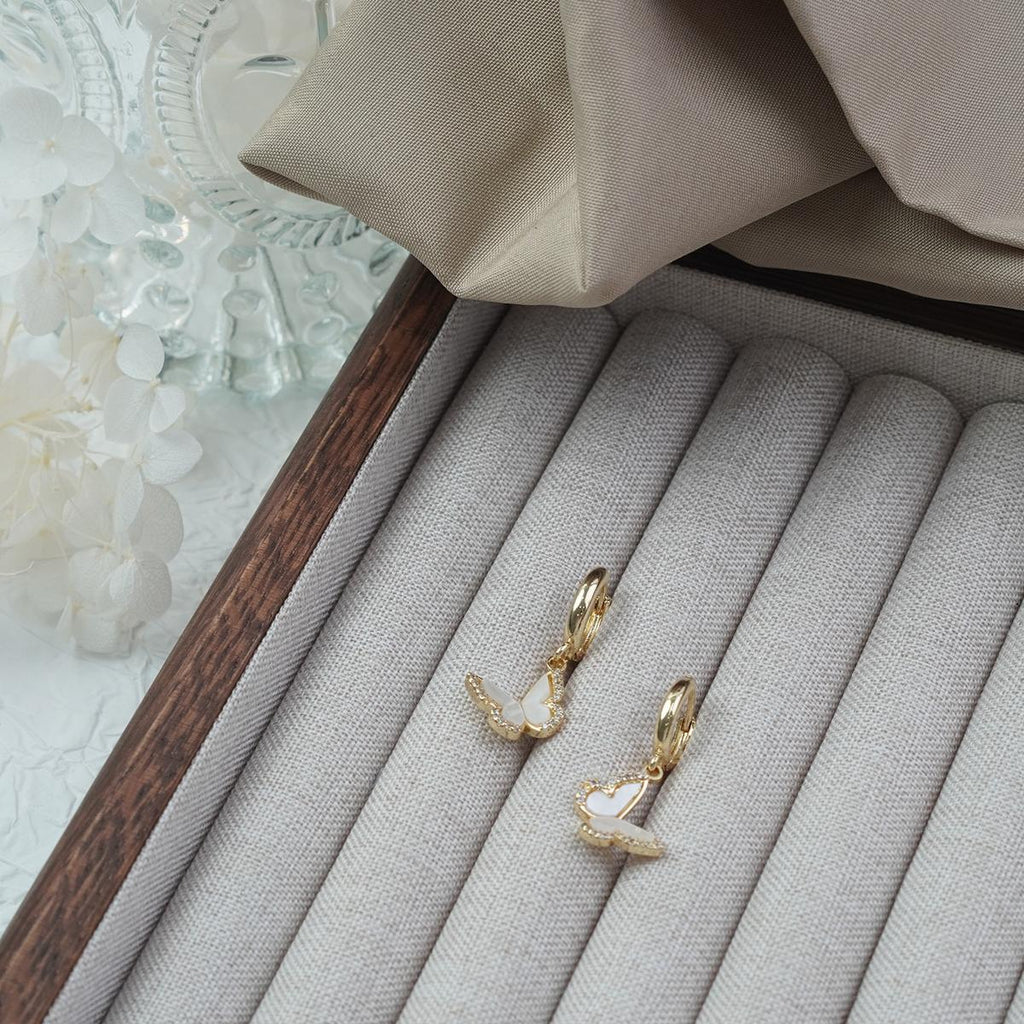 【Hoop Earrings】Alloy Gold Plated Butterfly Earrings with Shell & Zircon, Romantic Chic for Women