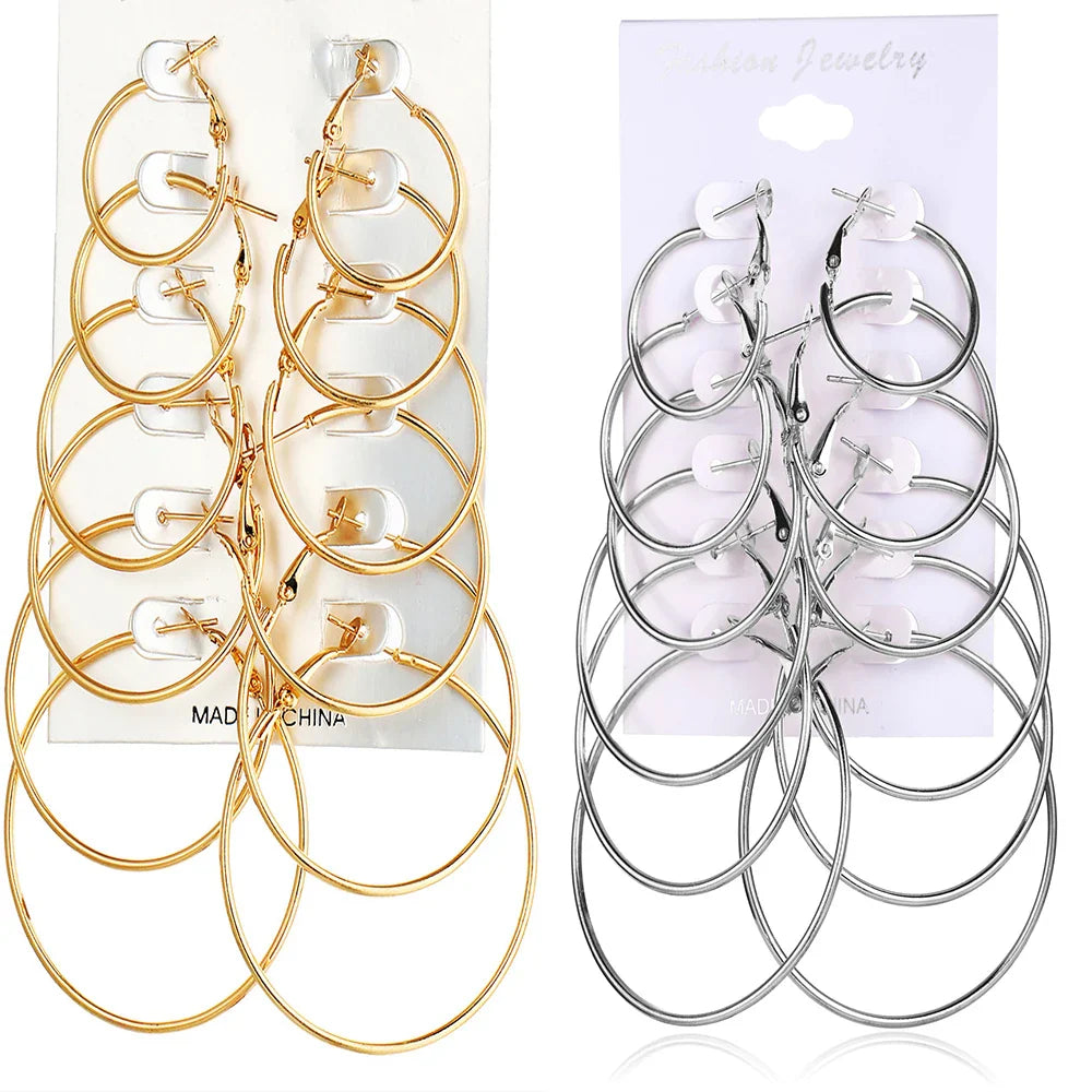 12PCS Set Simple Hoop Earrings Set Big Geometry Round Circle Earring for Women Girls Gold Color Metal Hyperbole Party Jewelry