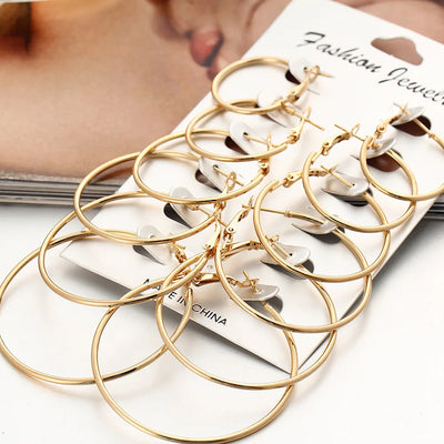 12PCS Set Simple Hoop Earrings Set Big Geometry Round Circle Earring for Women Girls Gold Color Metal Hyperbole Party Jewelry