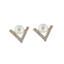 Load image into Gallery viewer, 【Stud Earring】V-Shape Golden Alloy Natural Freshwater Pearl Stud Earring with Silver Post, Fashion Jewelry for Women Everyday Wear