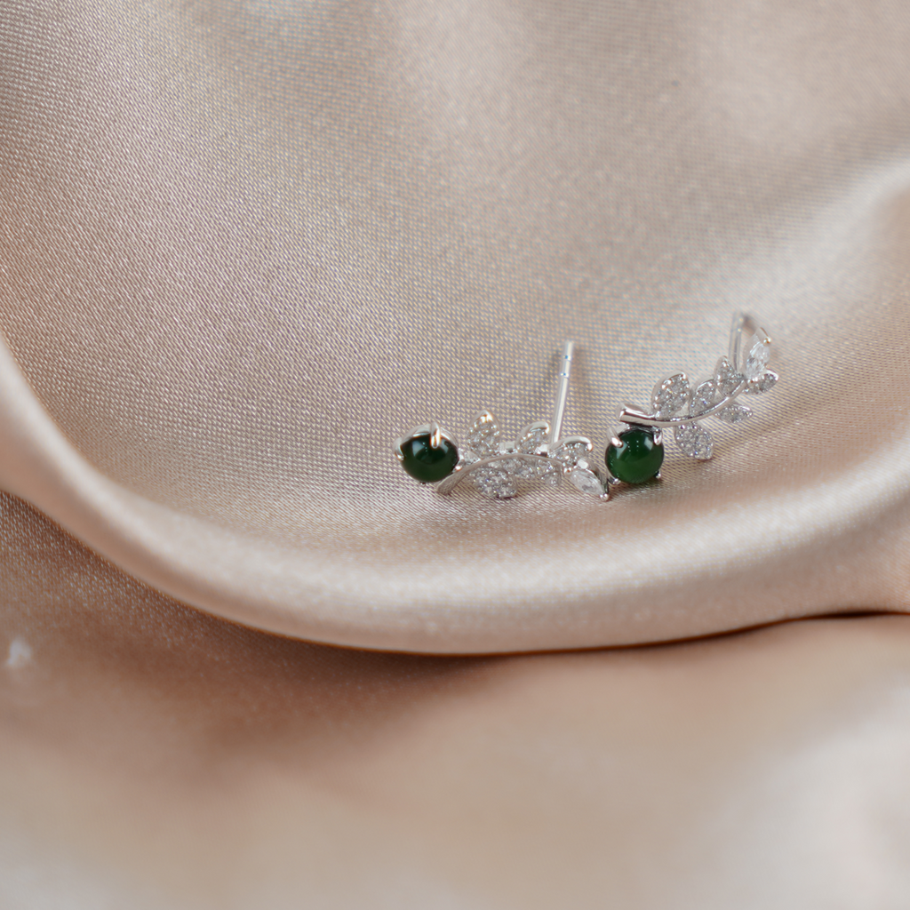 Jade Stud Earrings, 925 Sterling Silver Vine Leaf Drop Earrings with Green Jade and Cubic Zirconia, Nature-Inspired Dangle Earrings for Women, Elegant Birthstone Gift
