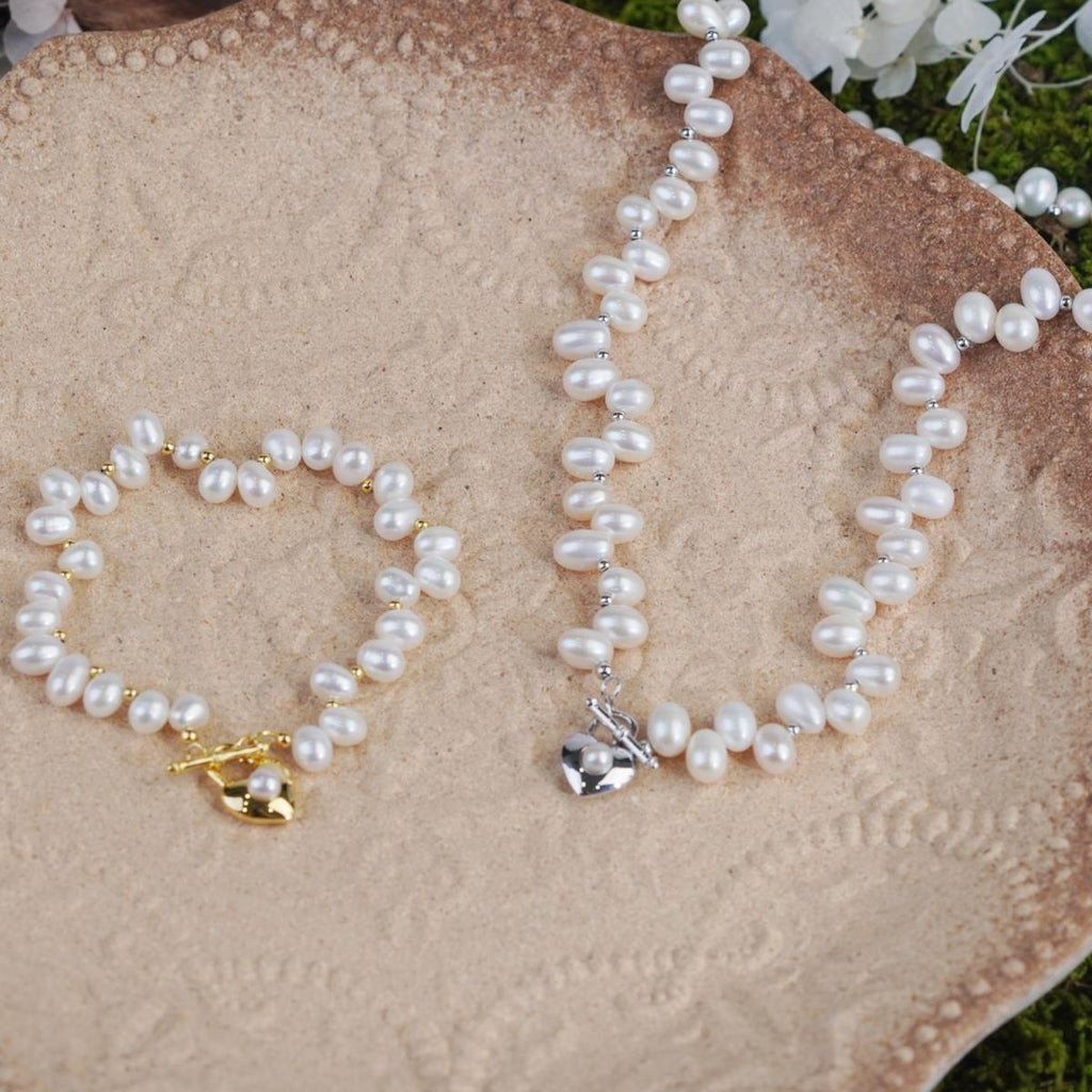 Gold-Plated Silver & Freshwater Pearl Bracelet - Elegant Everyday Jewelry with Heart Charm for Women