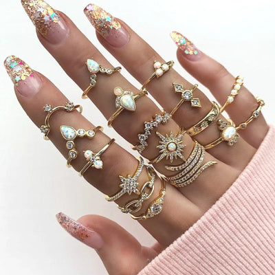 17 PCS/Set Bohemian Vintage Zircon Ring Set For Women Luxury Gold Color Geometry Crystal Adjustable Finger Rings Fashion Jewelry