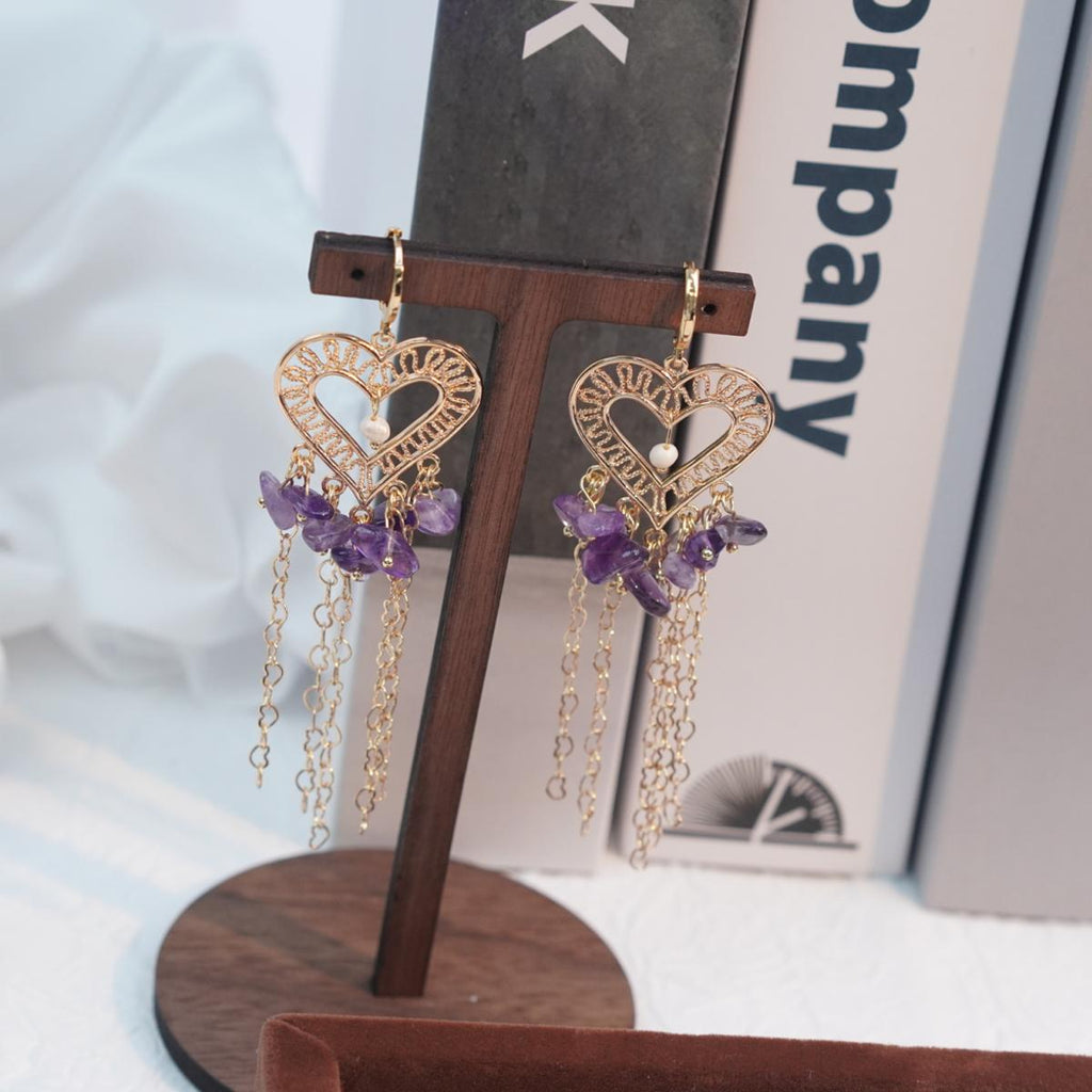 【Earrings】18K Gold Plated Heart Tassel Earrings with Natural Amethyst & Pearl, Romantic Design for Women