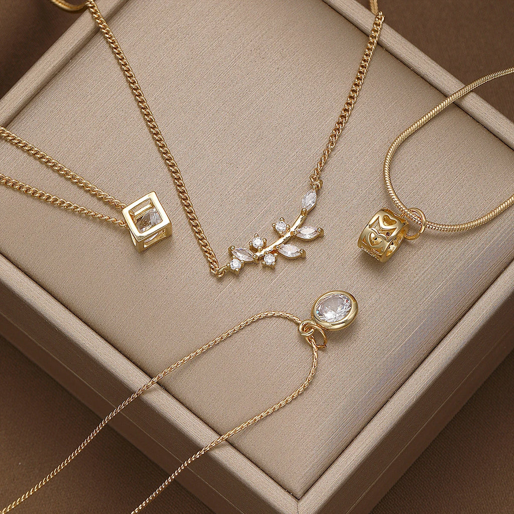 Geometric Crystal Pendant Necklaces Fashion Gold Color Ziron Clavicular Chains Luxury Adjustable Leaves Chokers Jewelry New